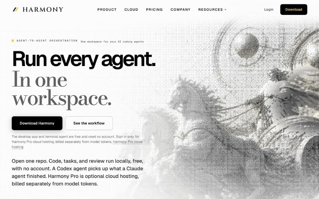 IDE Harmony marketing site hero reading Run every agent. In one workspace.