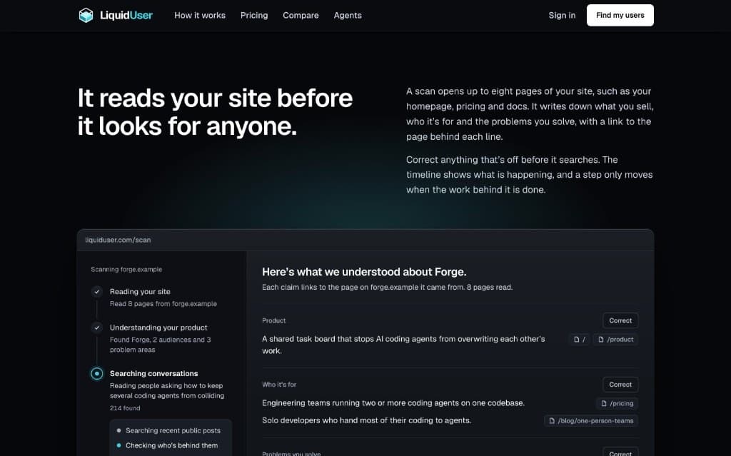 LiquidUser scan interface summarizing what it understood about a customer site